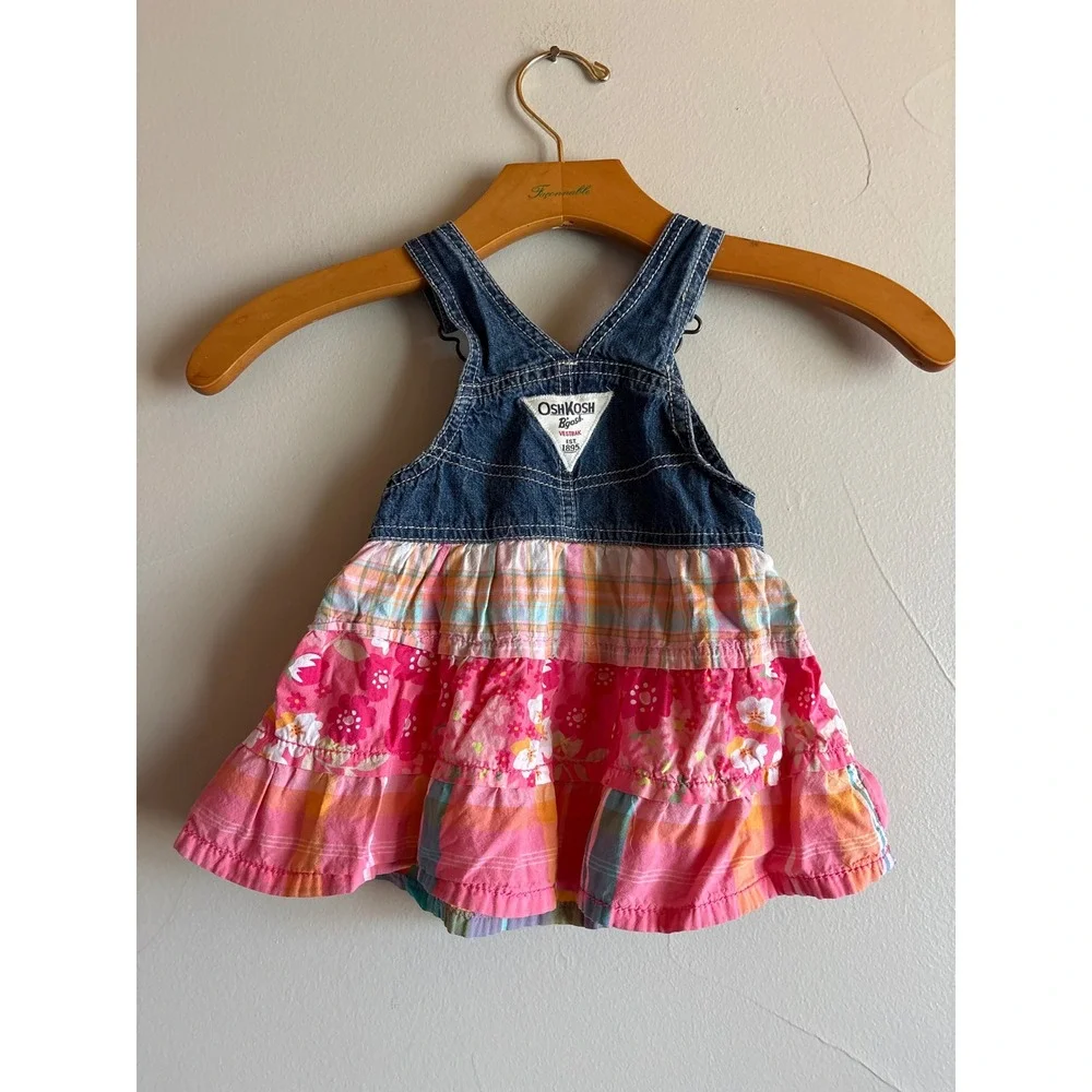 OshKosh‎ Bgosh Baby Girl 12M Denim Patchwork Floral Plaid Ruffle Overall Dress